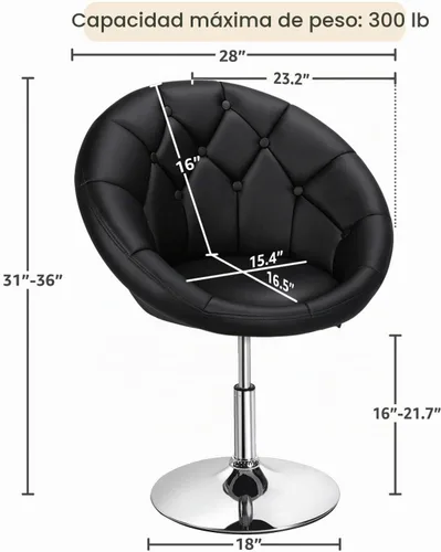 Vista 3 de Yaheetech Silla contemporánea con respaldo tapizado redondo, altura ajustable, giratoria, moderna, para tocador, negra Negro