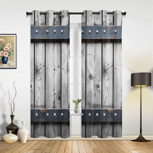 Vista 2 de Cortinas de ventana con ojales, cortinas de cocina, puerta de granero rústica con textura de grano de madera, 2 paneles de cortinas de tratamiento