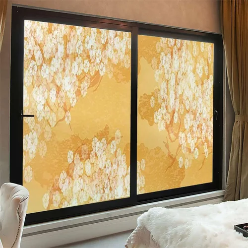 Vista 3 de Película adhesiva de vidrio esmerilado para ventana, color crema de caléndula, para privacidad, exótica, japonés, flor de cerezo japonés, película