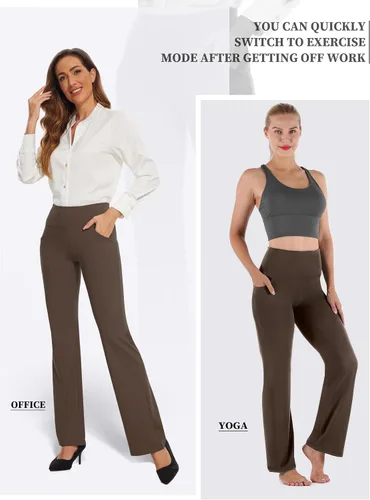 Vista 4 de Desol Leggings acampanados, pantalones de yoga de cintura alta con bolsillos, pantalones de control de abdomen, pantalones de trabajo negros
