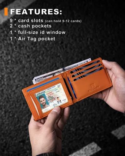 Vista 17 de Billetera AirTag para hombre, de piel auténtica plegable con bloqueo Rfid AirTag con ranuras para efectivo y ventana de identificación, compatible