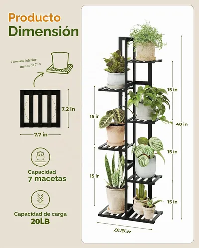 Vista 2 de Bamworld Soporte de bambú para plantas de interior con 6 niveles, estante de plantas de exterior, soporte de esquina para múltiples plantas, soporte