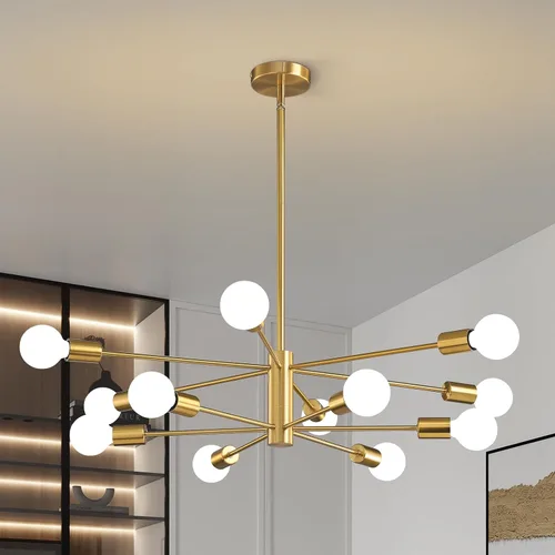 Vista 19 de KAISITE - Candelabro Moderno Sputnik - Candelabro de 6 Luces con Ajuste de Altura, Acabado en Negro y Oro para Cocina, Dormitorio y Vestíbulo
