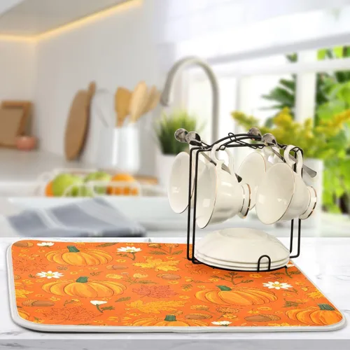 Vista 5 de Tapete de secado de platos de otoño de calabaza y arce de 16 x 18 pulgadas, absorbente para platos de otoño, protector para cocina de secado rápido