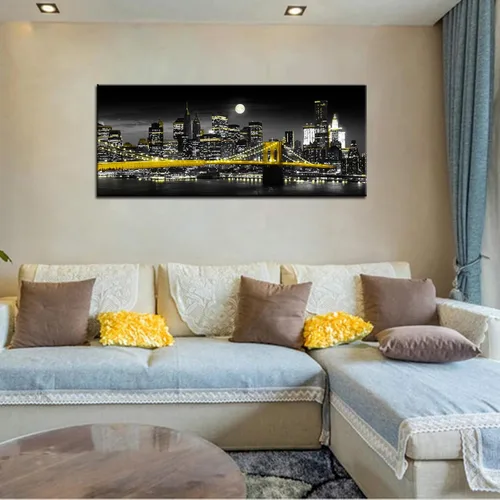 Vista 2 de Biuteawal Impresión en lienzo amarillo en blanco y negro de la ciudad de Nueva York, puente de Brooklyn en la noche de la luna, pintura fotográfica