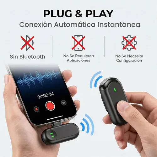 Vista 2 de Mini micrófono inalámbrico para iPhone Android, mini micrófono para grabación de video, micrófono profesional de solapa Plug & Play con reducción