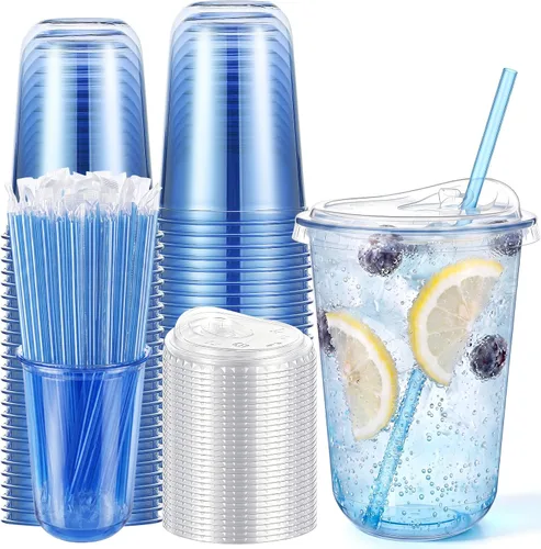 Vista 28 de Ziliny Paquete de 50 vasos de plástico transparente negro de 12 onzas con tapas y popotes, vasos desechables para mascotas, taza de café helado