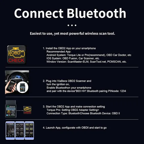 Vista 5 de OBD2 Bluetooth Lector de Códigos de Diagnóstico Inalámbrico OBD II Herramienta de Escaneo Restablecer y Borrar Verificar Luz del Motor del Coche