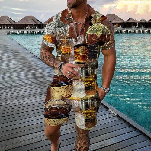 Vista 2 de Conjunto deportivo de 2 piezas para hombre, camiseta polo y pantalón corto, con cremallera de un cuarto, casual, elegante, grande y alto