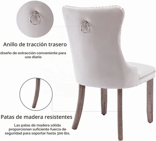 Vista 6 de Juego de 2 sillas de comedor de terciopelo beige, modernas sillas de cocina tapizadas