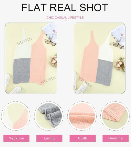 Vista 5 de SHEWIN Blusa sin mangas de punto con cuello en V para mujer, casual, bloque de color, holgada, sin mangas