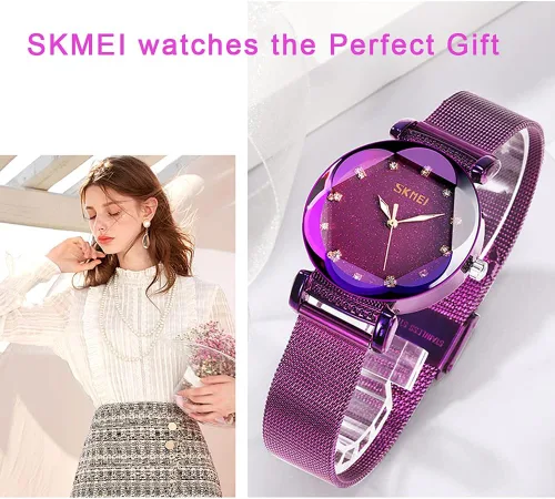 Vista 5 de SKMEI Lady Watches for Women Waterproof Casual Fashion Dress Japanese Quartz Movement Luminous Mesh Stainless Steel Wristwatch Gifts Rose Gold Black