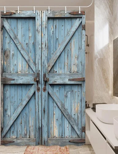 Vista 21 de JAWO Cortina de ducha rústica para puerta de granero, estilo occidental, para baño, tablero de madera marrón, tela impermeable de poliéster