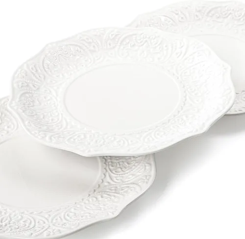 Vista 4 de SOUJOY Juego de 6 platos de ensalada, platos de porcelana de 8 pulgadas para servir postres, platos pequeños con impresión en relieve