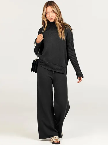 Vista 7 de ANRABESS Conjunto de 2 piezas para mujer, suéter de punto de manga larga, pantalón de pierna ancha, ropa de descanso, moda 2025