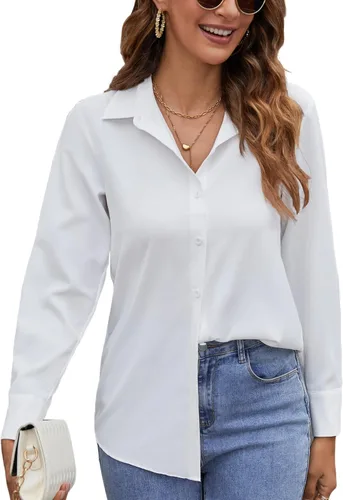 Vista 13 de Camisas de manga larga con botones para mujer, blusas casuales con cuello sin arrugas, para el trabajo, la oficina