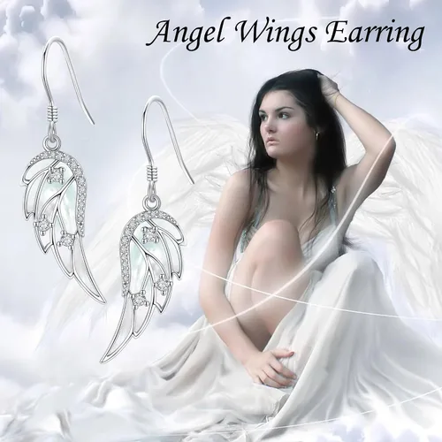 Vista 6 de Aretes de alas de ángel para mujer, plata de ley, aretes colgantes de moda, joyería de ángel para mujer