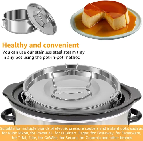 Vista 2 de Molde de flan de acero inoxidable con capacidad de 1.5 cuartos de galón con tapa y espátula, recipientes redondos para flan de 6 a 8 cuartos
