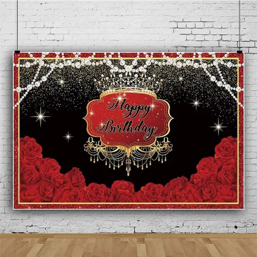 Vista 2 de Telón de fondo de feliz cumpleaños para mujer, 5 x 3 pies, rosas rojas, flores, manchas doradas, perlas, fondo de fotografía de lujo, decoración