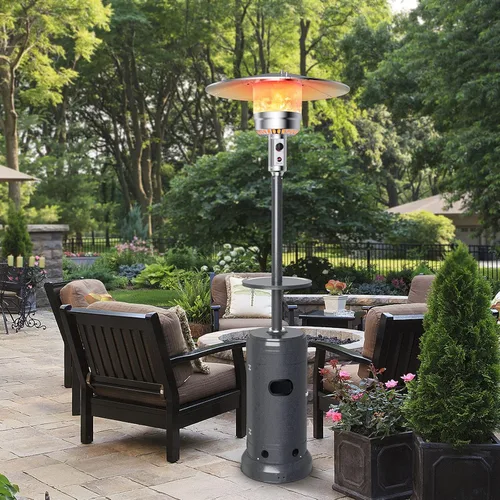 Vista 3 de COSTWAY - Calentador de patio de 50,000 BTU con propano, con estante para bebidas en la mesa, ruedas, sistema de encendido simple y depósito