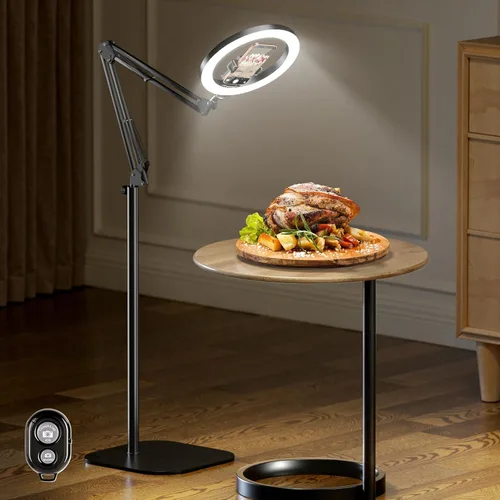 Vista 8 de LUXSURE Trípode de luz de anillo para iPhone, anillo de luz con soporte y soporte para teléfono, soporte de cámara LED con ruedas, trípode