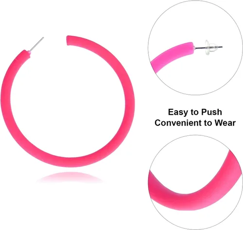 Vista 3 de Aretes de aro grandes de acrílico retro neón, estilo de los años 80 y 90, coloridos aretes de aro grandes, rosa intenso, ligeros, perfectos