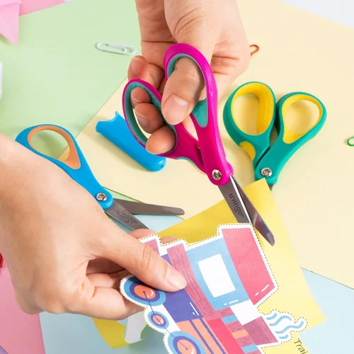 Vista 2 de LIVINGO Tijeras para zurdos para niños: Tijeras de punta redonda de seguridad para niños pequeños, para manualidades escolares, corte de papel