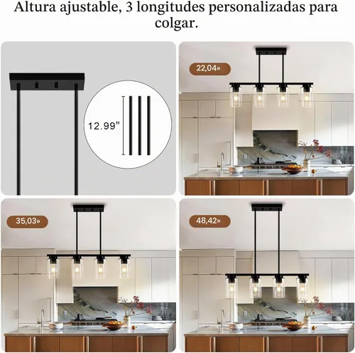Vista 8 de Luces de isla para cocina, 4 luces negras para isla de cocina, lámparas de iluminación para comedor sobre mesa, moderna lámpara de comedor