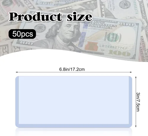 Vista 2 de Rainmae Paquete de 50 soportes de plástico duro transparente para dinero, 6.8 x 2.9 pulgadas, PVC transparente para billetes de billetes, fundas