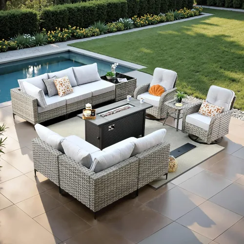 Vista 13 de ovios Muebles de patio de 8 piezas con hoguera, juego de conversación de mimbre de ratán para exteriores con mesa de centro brillante, cómodo sofá