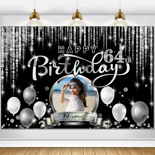 Vista 104 de Cartel de decoración de feliz cumpleaños número 100 personalizado - Personalización disponible - Negro y plateado - Tamaño grande - Admite fotos