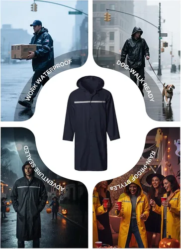 Vista 7 de Chaqueta de lluvia larga con capucha de seguridad para hombres, impermeable de emergencia, poncho Negro