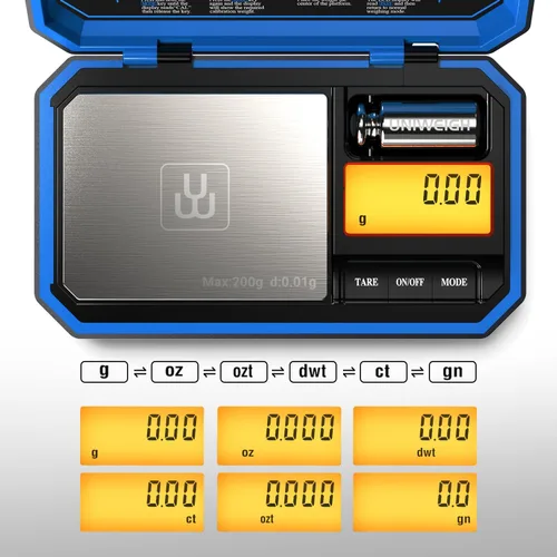 Vista 2 de UNIWEIGH Báscula digital de bolsillo de 7.05 oz/0.00 oz, báscula digital de gramos, mini báscula de joyería digital de peso gramo con pesos Cal
