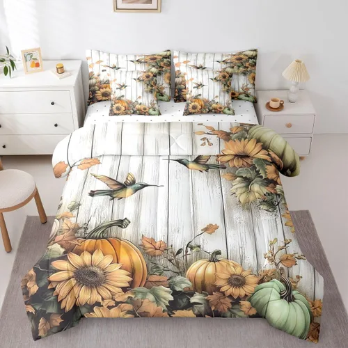 Vista 12 de Feelyou Fall Pumpkin Comforter Set with Sheets 7 Piece Twin Size Autumn Bed in a Bag Kids Boys Girls Pumpkin Maple Leaf Bedding Set Hummingbird Beig