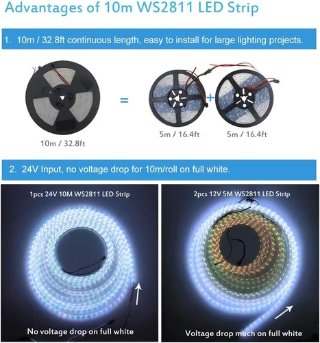 Vista 4 de ALITOVE WS2811 Tira de luz LED RGB direccionable de 24 V, 32.8 pies, 600 LED, color de ensueño programable, luces LED digitales de píxeles, luz