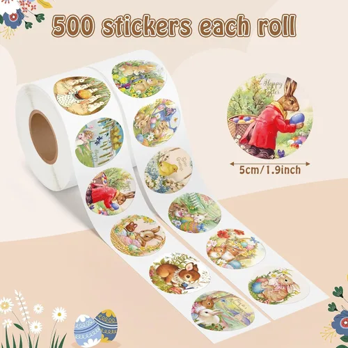 Vista 2 de 1000 rollos de calcomanías vintage de estilo victoriano de conejo de Pascua, 12 diseños retro lindos Buuny Peeps, calcomanías autoadhesivas