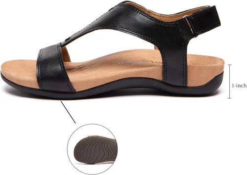 Vista 4 de Sandalias ortopédicas para mujer con puntera abierta, correa en T, sandalias planas ortopédicas con soporte para el arco y correas ajustables
