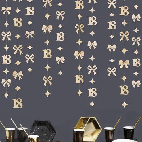 Vista 6 de Decoración de cumpleaños número 18 en negro, número 18 con punto circular, guirnalda de estrellas centelleantes, banderines de serpentina metálica
