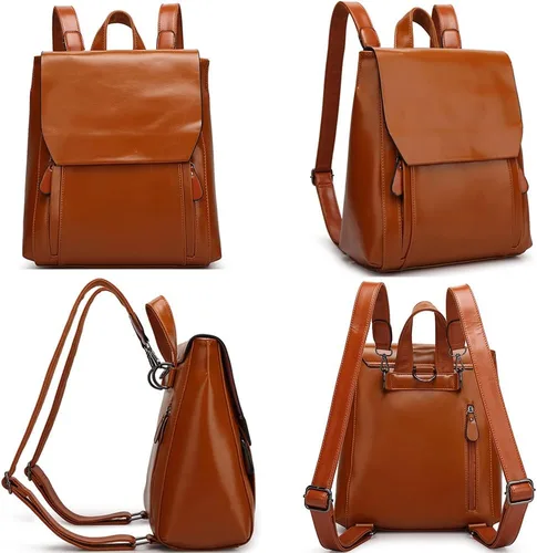 Vista 6 de Dayfine Mochilas vintage para mujer, mochila de cuero de cera de aceite, bolso de mano, bolso de hombro, bolsas casuales para universidad, Marrón