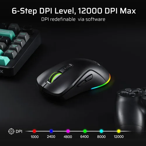 Vista 5 de LTC GM025 - Ratón inalámbrico trimodo para juegos, sensor PAW3311 de 12000 DPI, mouse ergonómico de 2.4 GHz/BT/cableado, 6 botones programables
