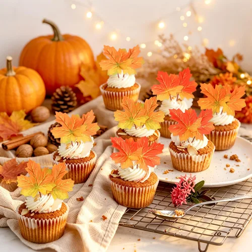 Vista 6 de Ercadio Paquete de 30 adornos para cupcakes con hojas de arce de otoño, purpurina dorada, hojas de arce de otoño, cosecha de otoño, temática de A-Oro