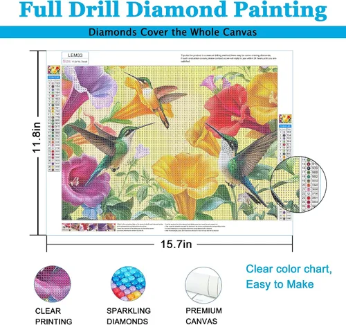 Vista 2 de LELEMON Kits de arte de diamantes para adultos, kits de pintura de diamantes de colibrí para adultos, kit de pintura de diamante 5D con accesorios