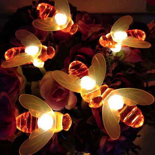 Vista 6 de Guirnalda de luces solares de abeja, 100 luces LED de abeja alimentadas por energía solar, luces de hadas de abeja para el hogar, jardines, parque