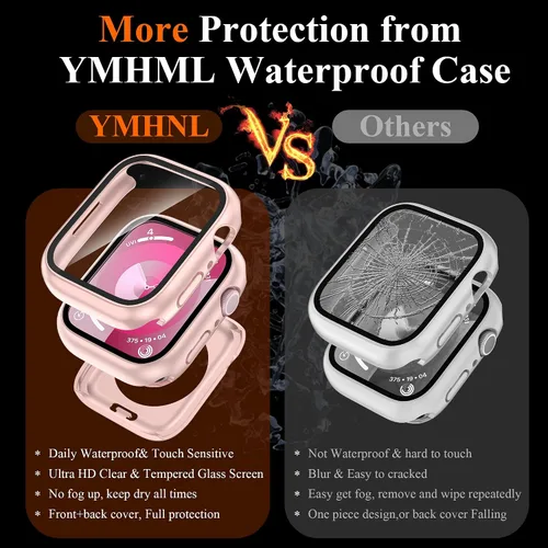 Vista 3 de YMHML Funda para Apple Watch Series 9/8/7 de 1.614 pulgadas, protector de pantalla de vidrio templado 360, cubierta frontal de policarbonato duro +
