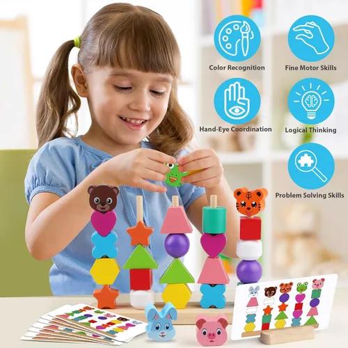 Vista 3 de Vinlon Montessori - Juego de juguetes para niños y niñas de 2, 3 y 4 años, lindos animales vivos colores para clasificar y apilar, bloques