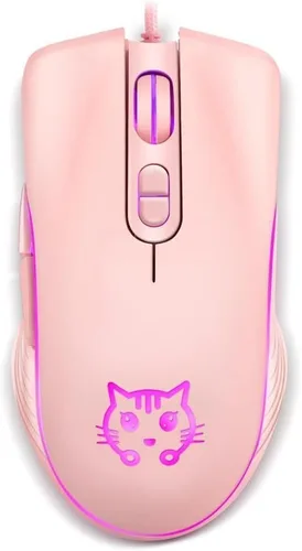 Vista 2 de CORN Ratón USB con cable para juegos, 2400 DPI, 4 niveles ajustables, mouse ergonómico para PC/computadora de escritorio/portátil, gato rosa