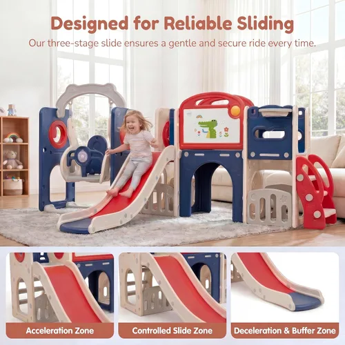 Vista 6 de Conjunto de juegos al aire libre 12 en 1 para niños pequeños con columpio, columpio interior y conjunto de tobogán, parque de juegos para niños