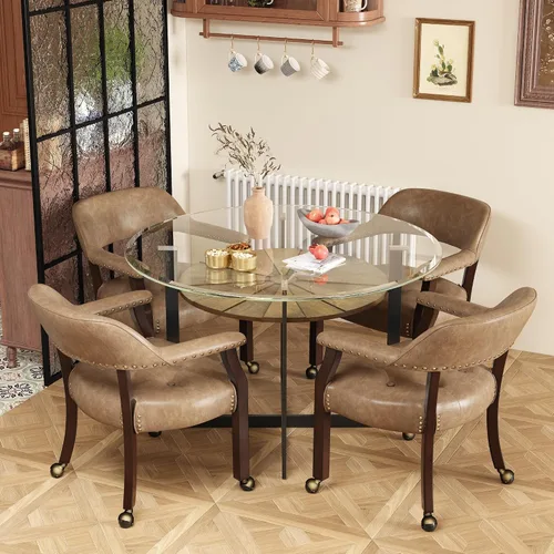 Vista 49 de LEEMTORIG Juego de 2 sillas de comedor con ruedas y brazo, sillas de comedor grandes con ruedas, silla de mesa de póquer de madera maciza, 26