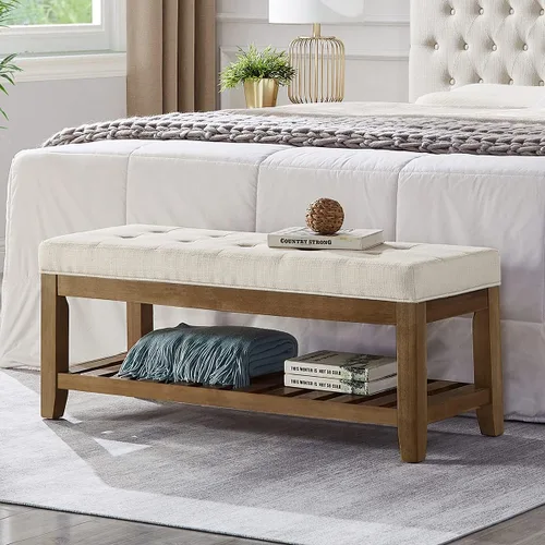 Vista 13 de 24KF Banco Otomano Grande Rectangular Tapizado con Capitoné de Tela de Lino, Banco Acolchado con Estante de Madera Maciza - Granito Banco de granito