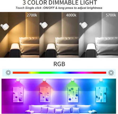 Vista 2 de Adetu LED Wall Mounted Lights, Rechargeable Wall Sconces Lamp, 3 Color Temperatures & Remote, Magnetic Clamp Light 360° Rotation Dimmable Cordless